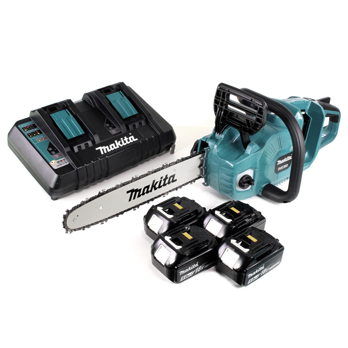 Makita DUC 353 PT4 Akku Kettensäge 36V ( 2x18V ) Brushless 35 cm + 4x 5,0 Ah Akku + Doppelladegerät