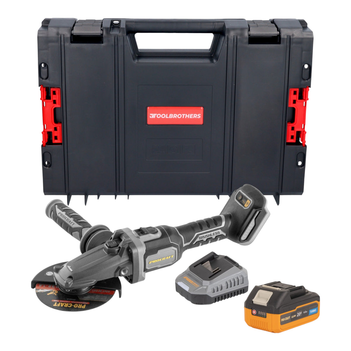 Procraft Industrial AG125Cbb Akku Flachkopf Winkelschleifer 20 V 125 mm Brushless + 1x Akku 4,0 Ah + Ladegerät + RHINO Toolcase