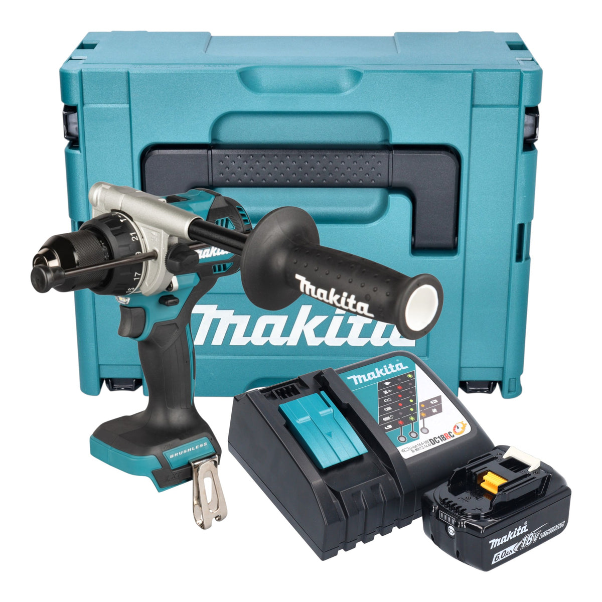 Makita DHP 492 RG1J Akku Schlagbohrschrauber 18 V 141 Nm Brushless + 1x Akku 6,0 Ah + Ladegerät + Makpac