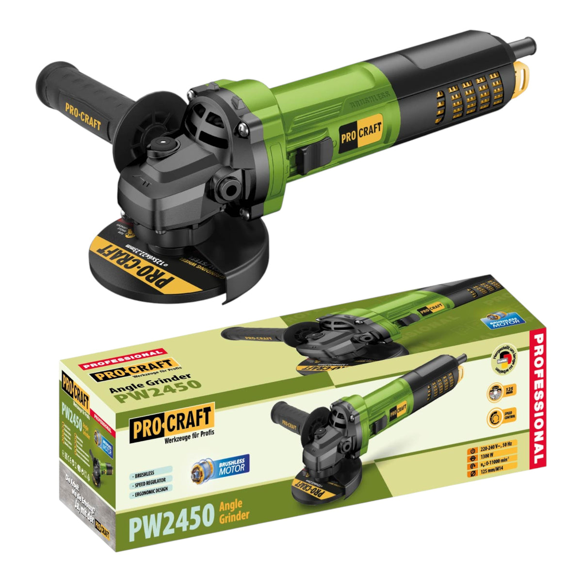 Procraft PW2450 Winkelschleifer 1300 Watt 125 mm Brushless