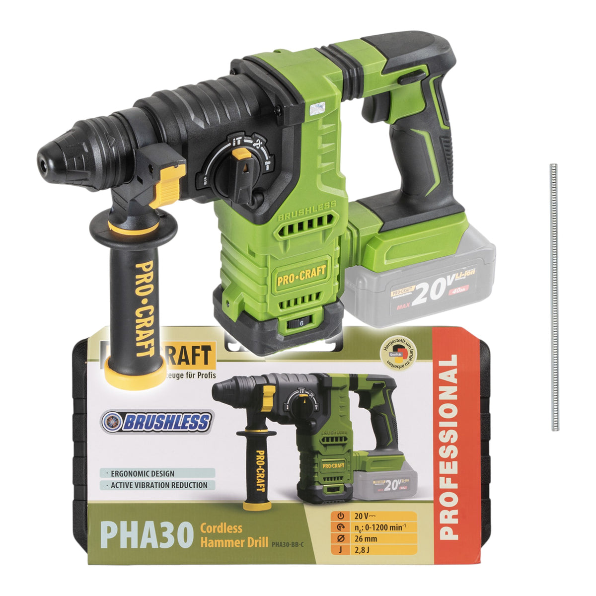 Procraft PHA30-bb-c Akku Bohrhammer 20 V 2,8 J SDS plus Brushless + Koffer - ohne Akku, ohne Ladegerät