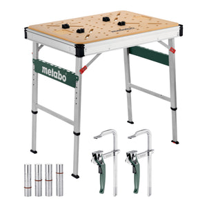 Metabo MWB 100 Multifunktionstisch mobile Werkbank robuste MDF-Tischplatte + 2x Schnellspannzwinge + 4x Bankhaken