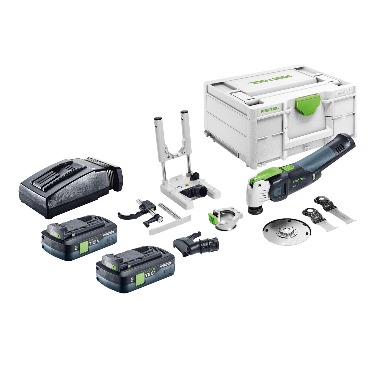 Festool OSC 18 E-Basic-Set Akku Oszillierer 18 V Starlock Max Brushless + 2x Akku 4,0 Ah + Ladegerät + 7 tlg. Zubehör Set + Systainer