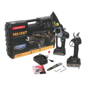 Procraft PS210SET Akku Garten Werkzeug Set Black Edition CCS20 Mini Kettensäge + CP20 Gartenschere 20V Brushless + 2x Akku 2,0 / 4,0 Ah + Ladegerät