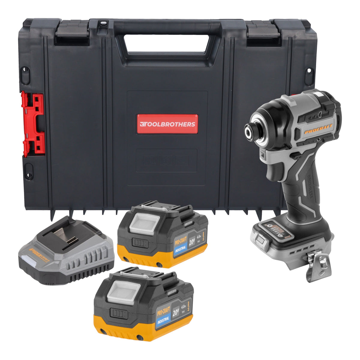 Procraft Industrial ID20Abb Akku Schlagschrauber 20 V 180 Nm 1/4" + 2x Akku 4,0 Ah + Ladegerät + RHINO Toolcase