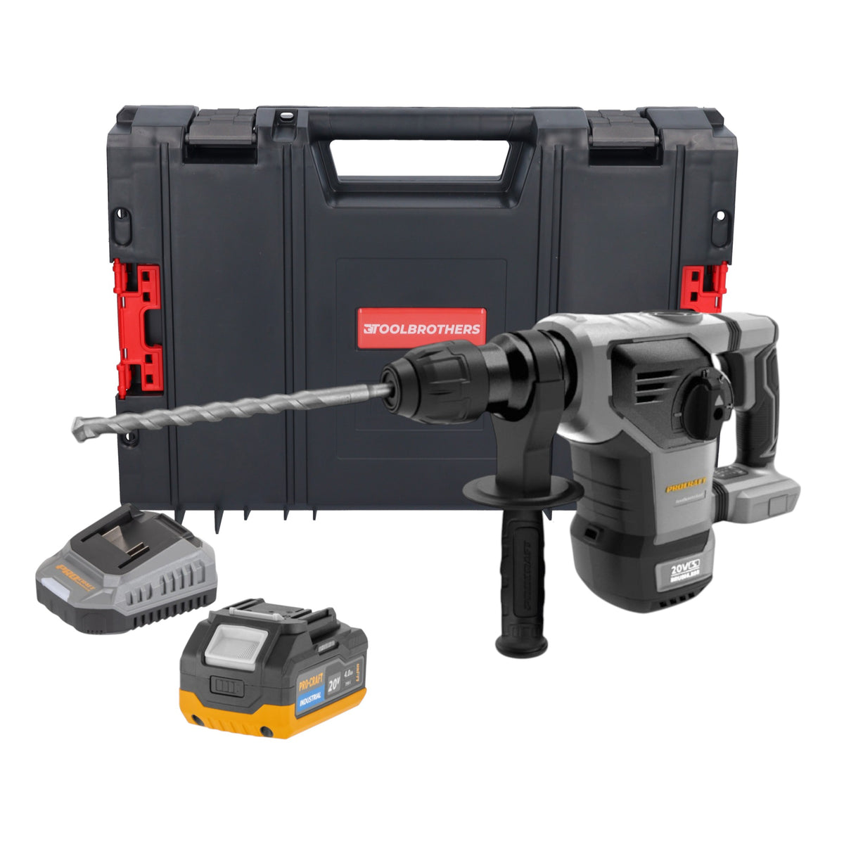 Procraft Industrial HD20B-BB Akku Kombihammer 20 V 5 J SDS plus Brushless + 1x Akku 4,0 Ah + Ladegerät + RHINO Toolcase