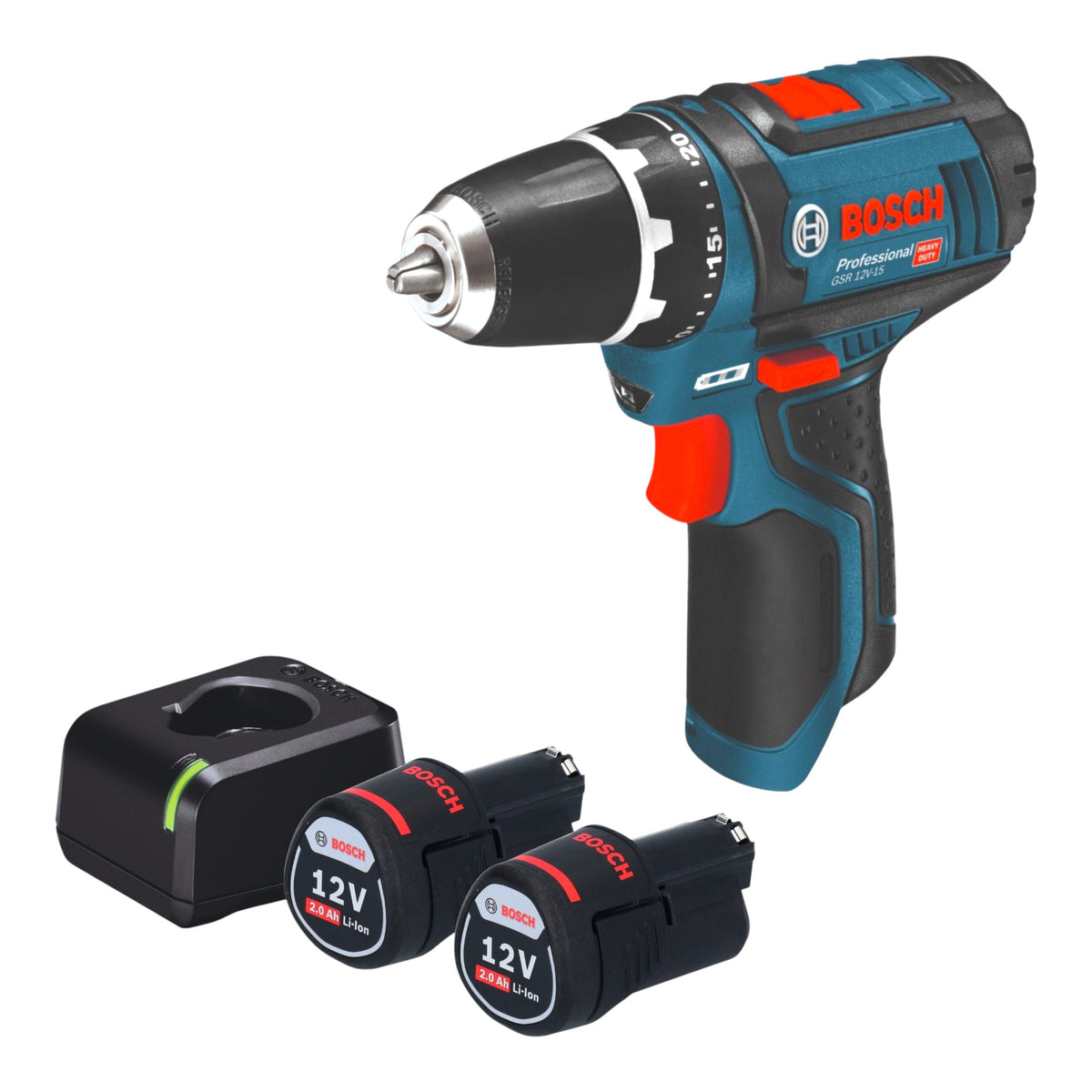 Bosch GSR 12V-15 Professional Akku Bohrschrauber 12 V 30 Nm + 2x Akku 2,0 Ah + Ladegerät