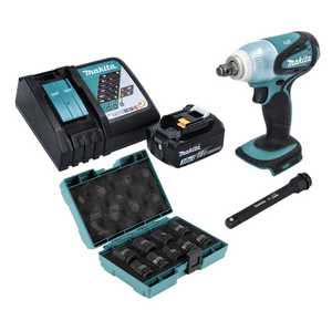 Makita DTW 251 RF1 Akku Schlagschrauber 18 V 230 Nm 1/2" + 1x Akku 3,0 Ah + Ladegerät + 9 tlg. Steckschlüssel Set + Verlängerung 150 mm