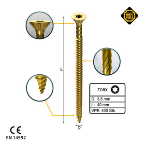 FORTE Tools Universal Holzschraube 3,5 x 40 mm T15 400 Stk. ( 2x 000051399470 ) gelb verzinkt Torx Senkkopf Vollgewinde
