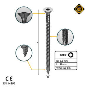 FORTE Tools Universal Holzschraube 3,5 x 20 mm T15 400 Stk. ( 2x 000040113861 ) silber verzinkt Torx Senkkopf Vollgewinde