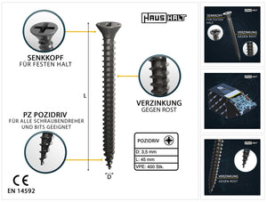 HausHalt Universal Holzbauschraube Holzschraube 3,5 x 45 mm PZ2 400 Stk. ( 000051371108 ) silber verzinkt Kreuzschlitz Pozidriv Senkkopf Vollgewinde