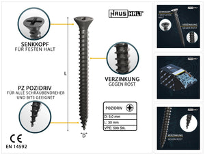HausHalt Universal Holzbauschraube Holzschraube 5,0 x 30 mm PZ2 500 Stk. ( 000051371189 ) silber verzinkt Kreuzschlitz Pozidriv Senkkopf Vollgewinde