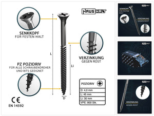 HausHalt Universal Holzbauschraube Holzschraube 4,0 x 45 mm PZ2 800 Stk. ( 2x 000051371117 ) silber verzinkt Kreuzschlitz Pozidriv Senkkopf Teilgewinde