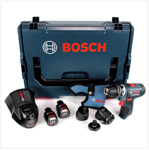 Bosch GSR 12V-15 FC Professional FlexiClick Akku Bohrschrauber mit 2 x 2,5 Ah Akkus + Lader + 3 tlg. Aufsätze - Set in L-Boxx