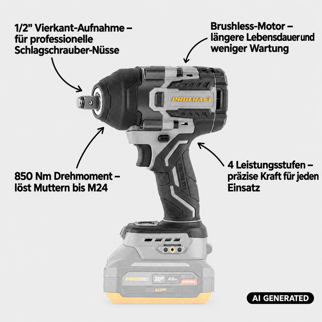 ProCraft Industrial IW850A-BB Akku Schlagschrauber 20 V 850 Nm 1/2" Brushless Solo - ohne Akku, ohne Ladegerät