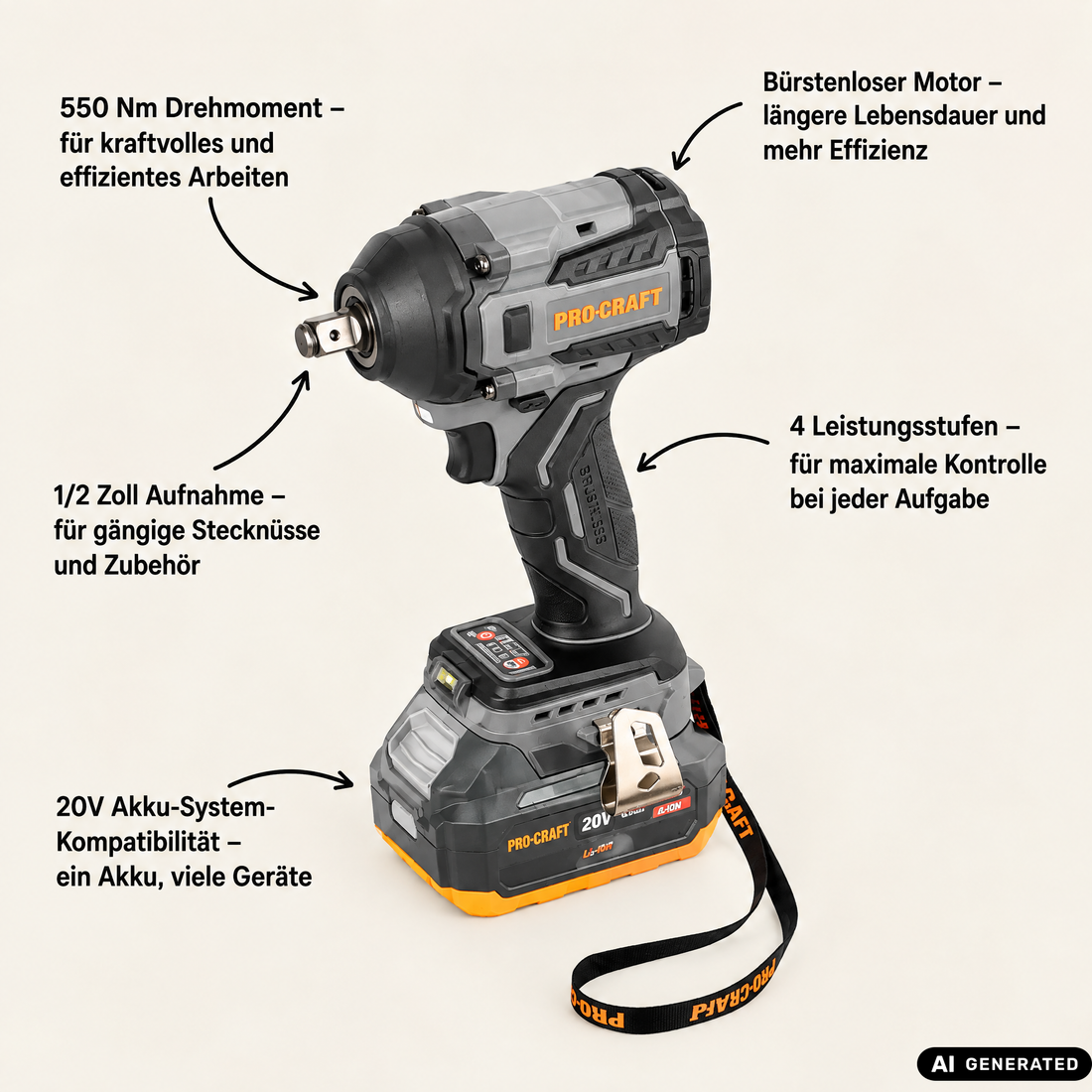 Procraft Industrial IW550Abb Akku Schlagschrauber 20 V 550 Nm 1/2" + 1x Akku 2,0 Ah - ohne Ladegerät