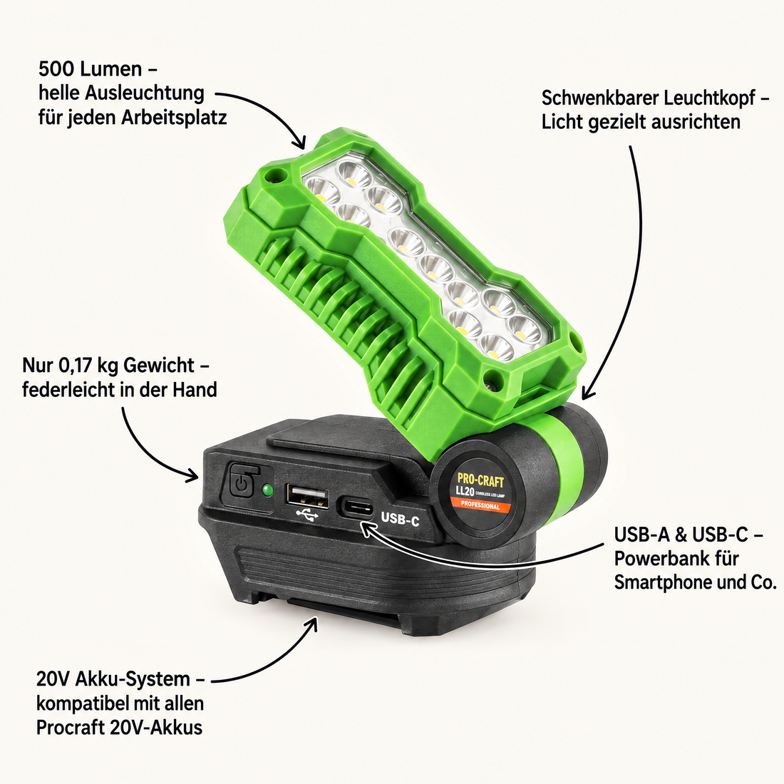 Procraft LL20bb Akku LED Strahler 20 V 500 lm + 1x Akku 4,0 Ah - ohne Ladegerät