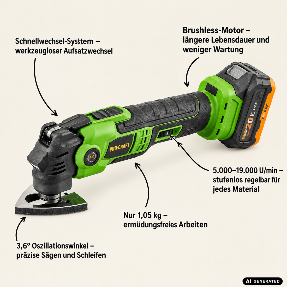 Procraft PMT22bb Akku Multifunktionswerkzeug 20 V Brushless + 1x Akku 4,0 Ah + Ladegerät