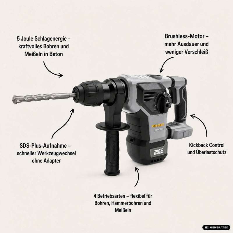 Procraft Industrial HD20B-BB Akku Kombihammer 20 V 5 J SDS plus Brushless + 2x Akku 8,0 Ah + Ladegerät