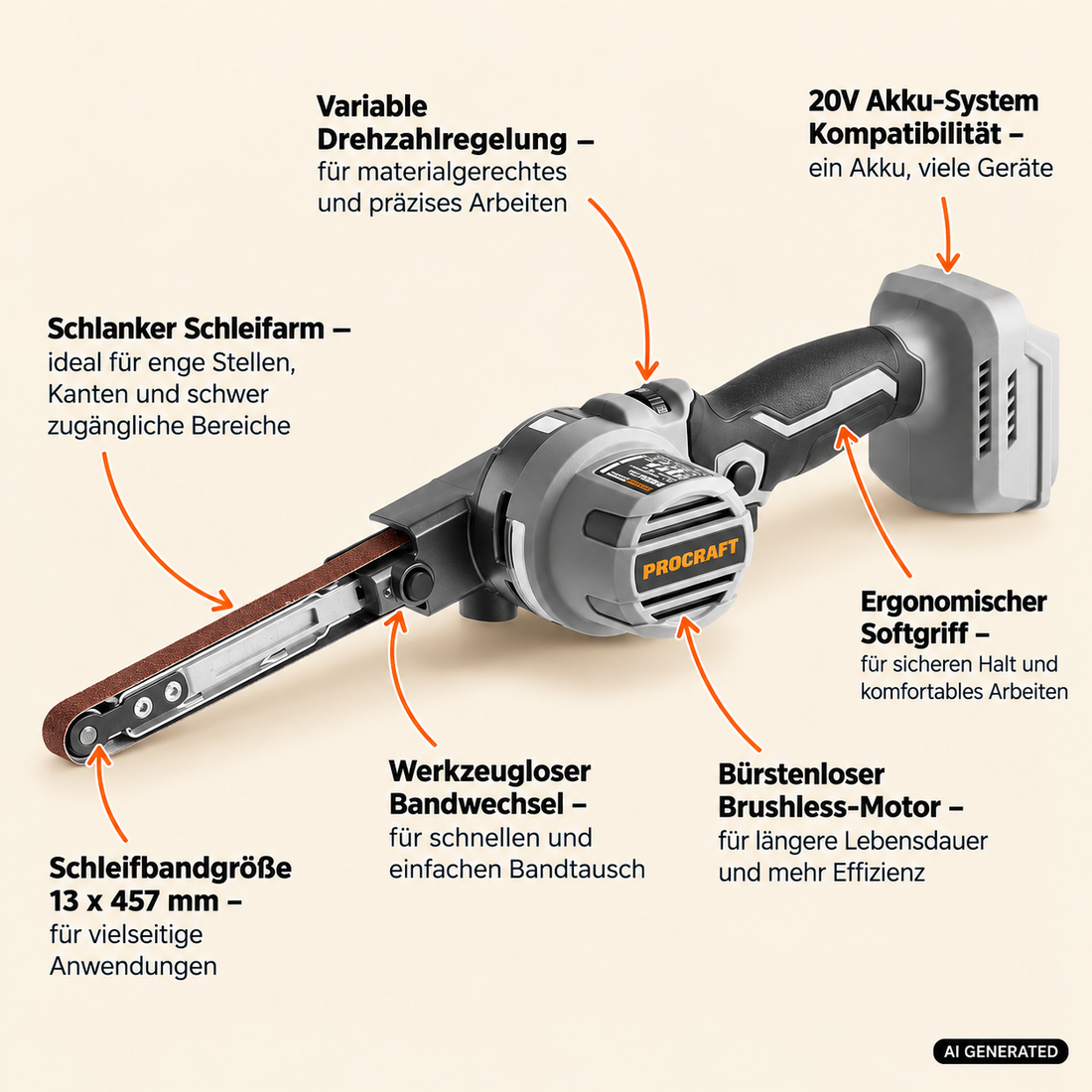 ProCraft Industrial PFA20A-BB Akku Bandfeile 20 V 13 x 457 mm Brushless Solo - ohne Akku, ohne Ladegerät