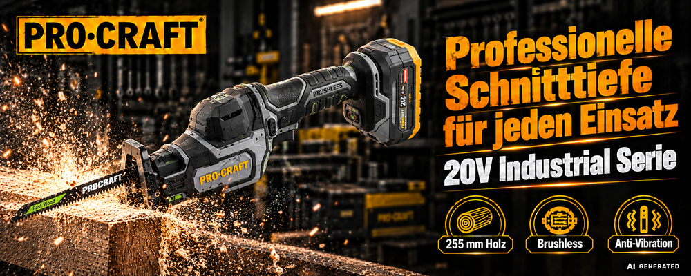 Procraft Industrial RS20Abb Recipro Säbelsäge 20 V Brushless + 2x Akku 4,0 Ah + Ladegerät