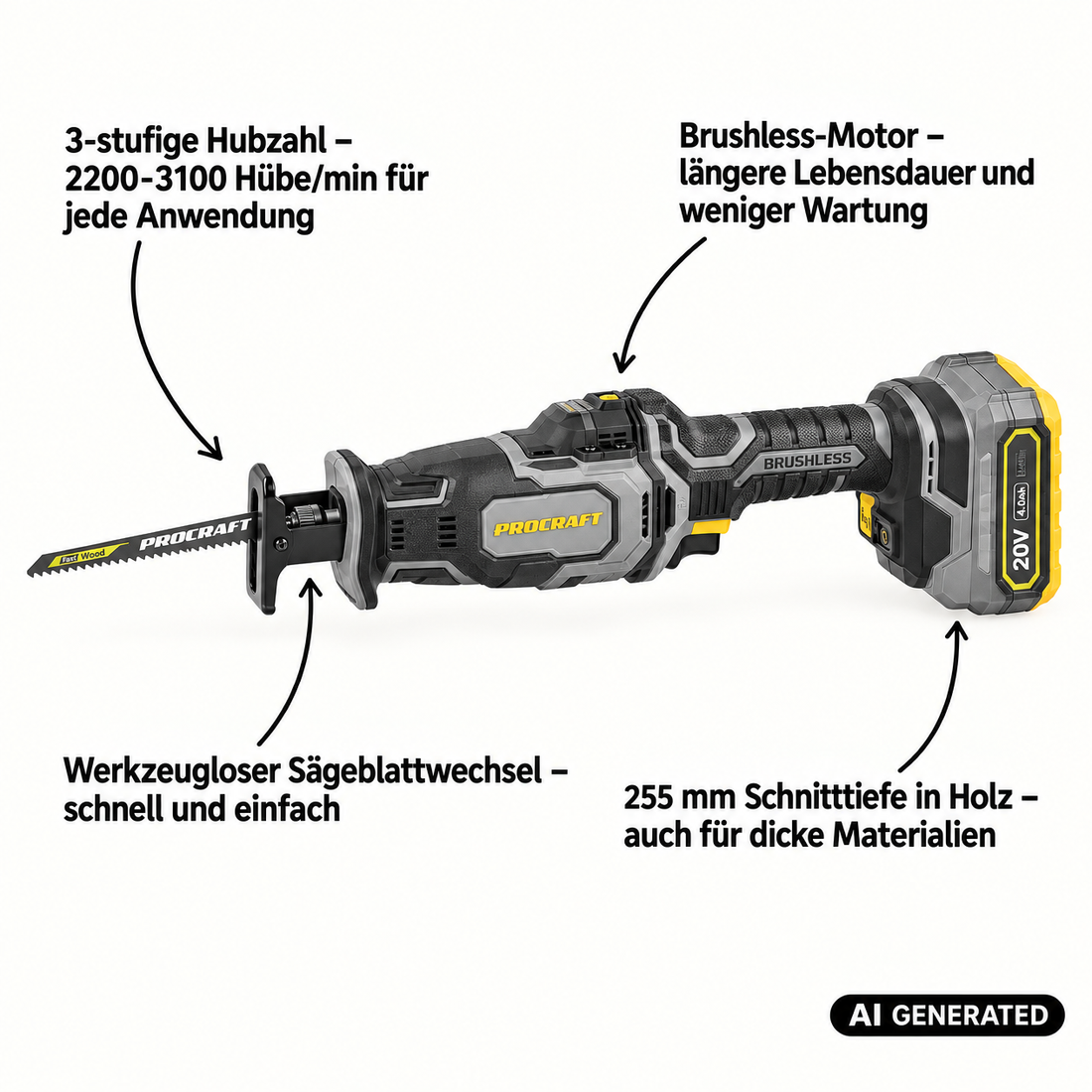 Procraft Industrial RS20Abb Recipro Säbelsäge 20 V Brushless + 2x Akku 4,0 Ah + Ladegerät