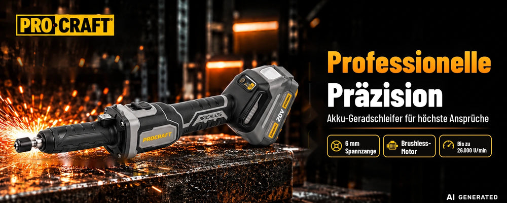 Procraft Industrial DG20A-BB Akku Geradschleifer 20 V 6 mm Brushless + 1x Akku 4,0 Ah + Ladegerät
