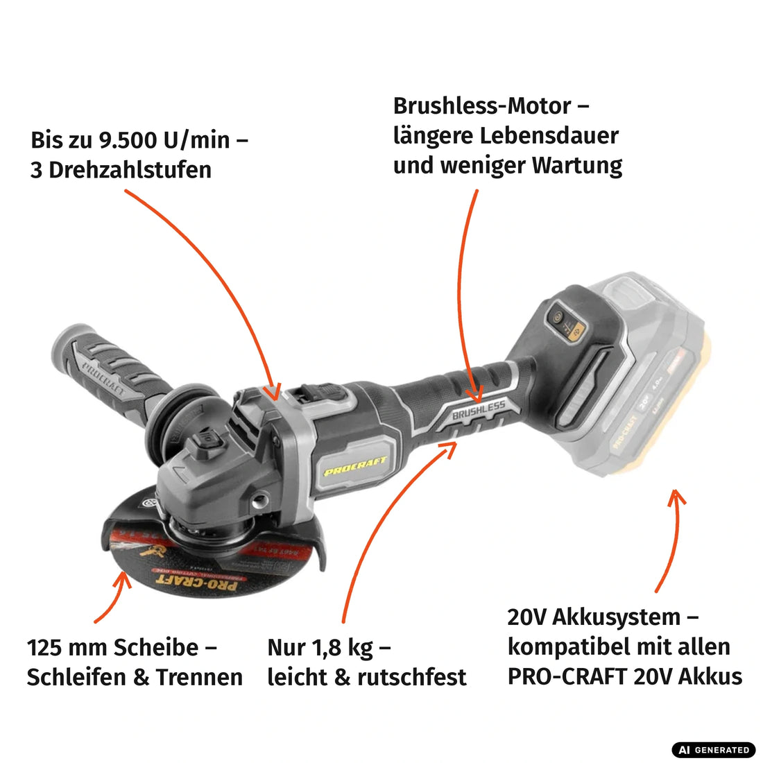 Procraft Industrial AG125Bbb Akku Winkelschleifer 20 V 125 mm Brushless + 1x Akku 4,0 Ah + Ladegerät + RHINO Toolcase