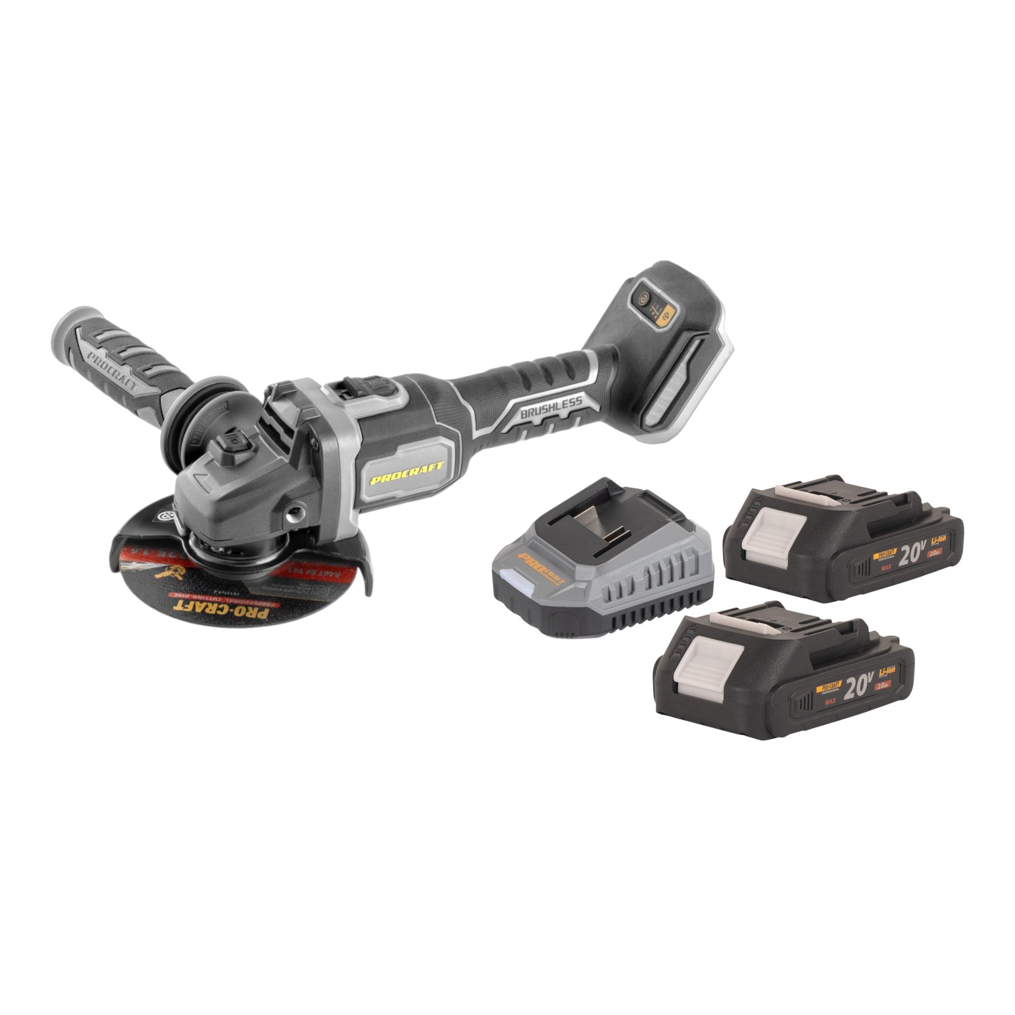 Procraft Industrial AG125Bbb Akku Winkelschleifer 20 V 125 mm Brushless + 2x Akku 2,0 Ah + Ladegerät