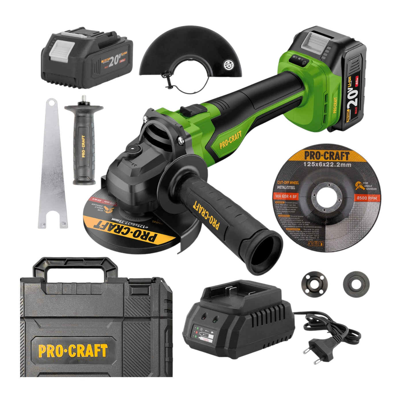 Procraft PGA22-1B-C Akku Winkelschleifer 20 V 125 mm Brushless + 1x Akku 4,0 Ah + Ladegerät + Koffer
