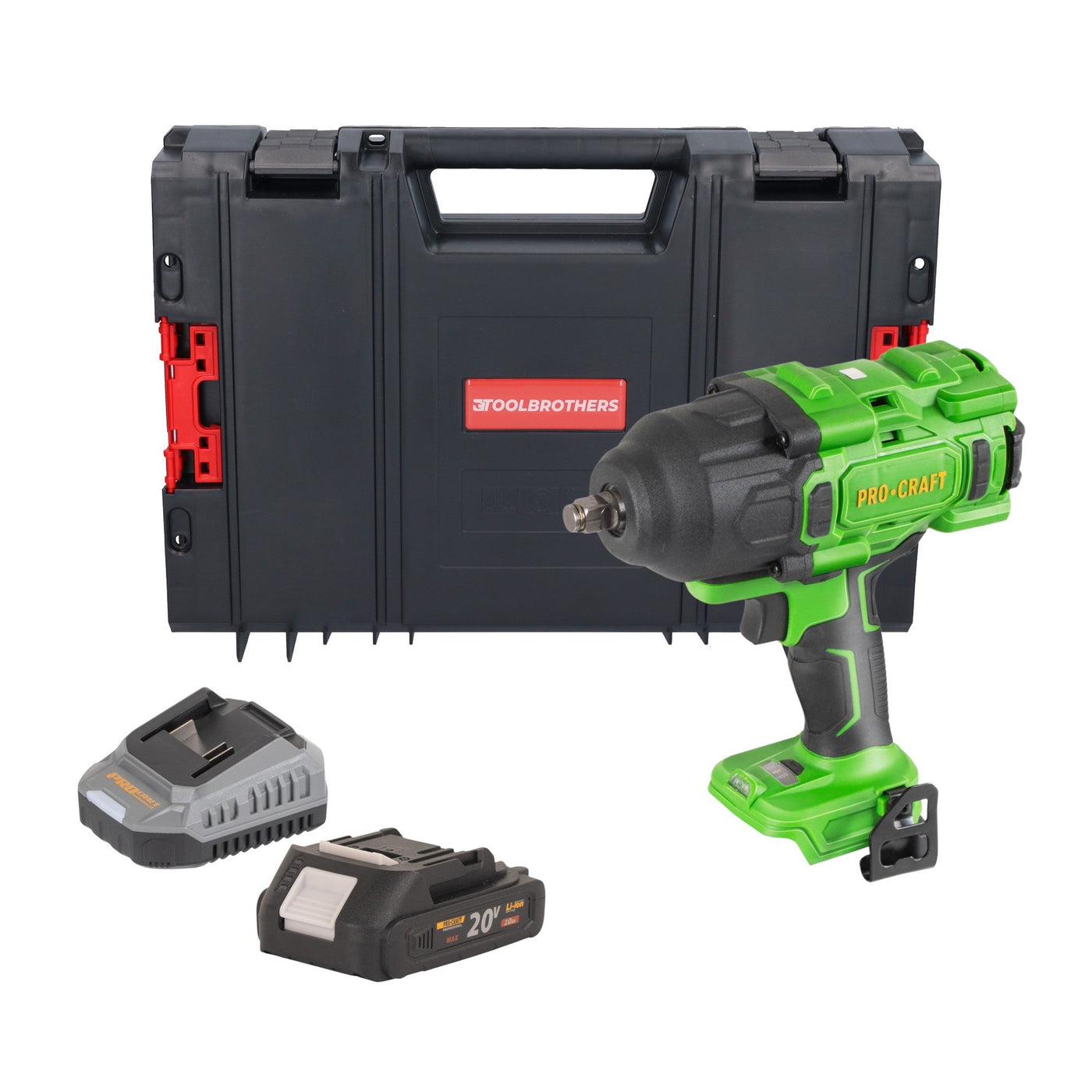 Procraft PWA80bb Akku Schlagschrauber 20 V 1600 Nm 1/2" Brushless + 1x Akku 2,0 Ah + Ladegerät + RHINO Toolcase