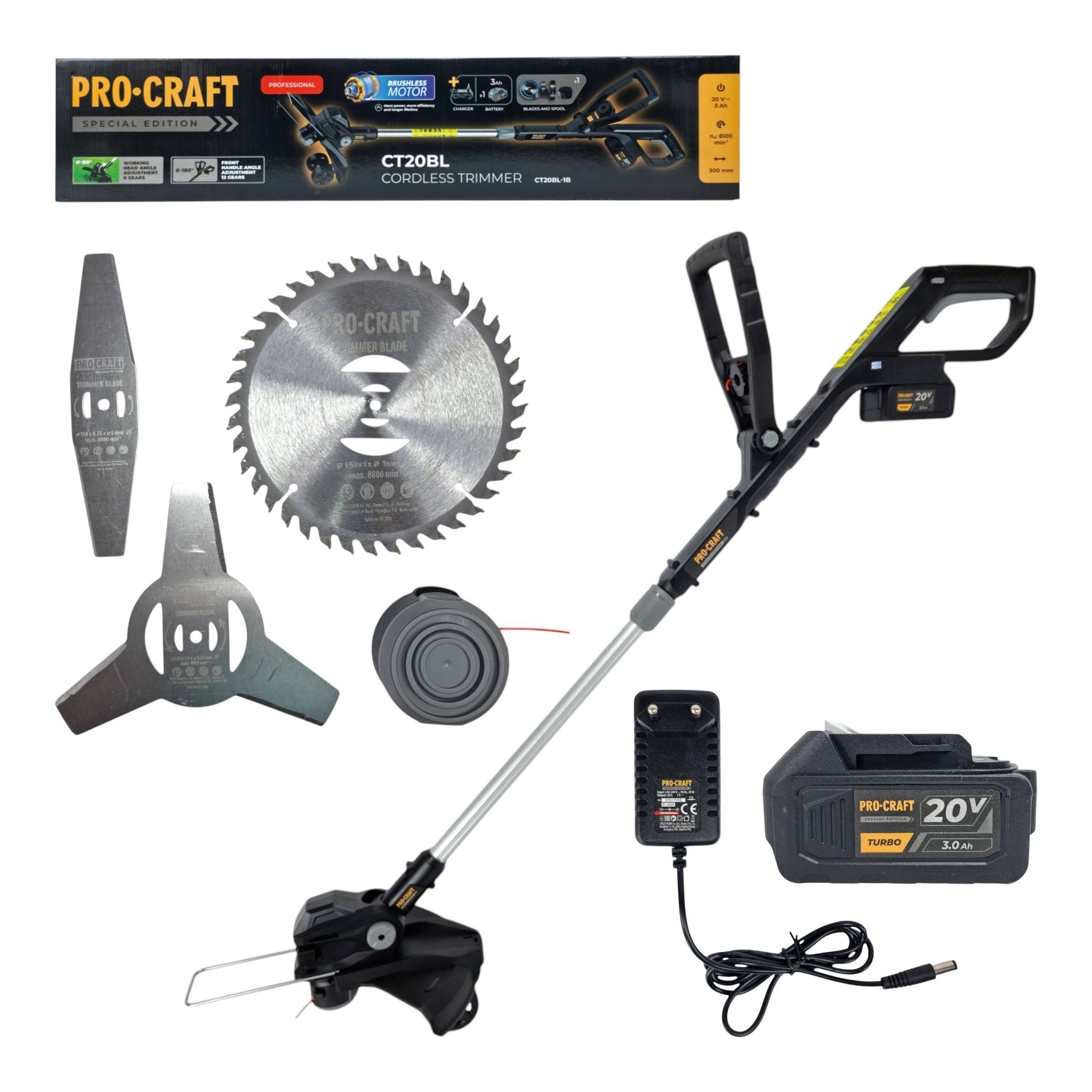Procraft PTA-26BL BLACK EDITION / CT20BL Akku Rasentrimmer 20 V 30 cm Brushless + 1x Akku 3,0 Ah + Ladegerät