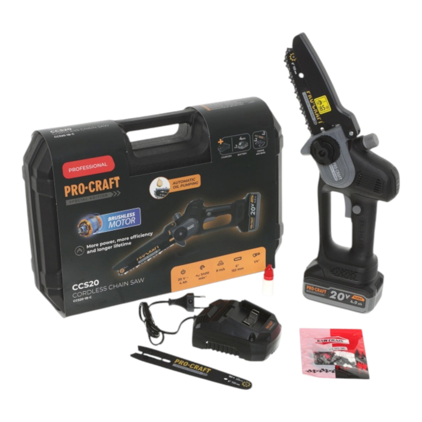Procraft PKA35 BLACK EDITION / CCS20 Akku Mini Astsäge Kettensäge 20 V 152 mm Brushless + 1x Akku 4,0 Ah + Ladegerät + Koffer