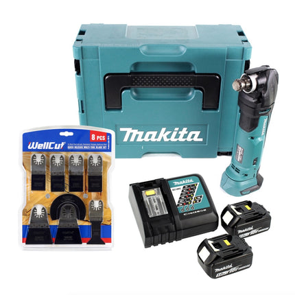 Makita DTM 51 RTJ 18 V Li-Ion Akku Multifunktion Werkzeug im Makpac + 2x 5,0 Ah Akku + Ladegerät + WellCut MT-8 8 tlg. Sägeblätter Set - Toolbrothers