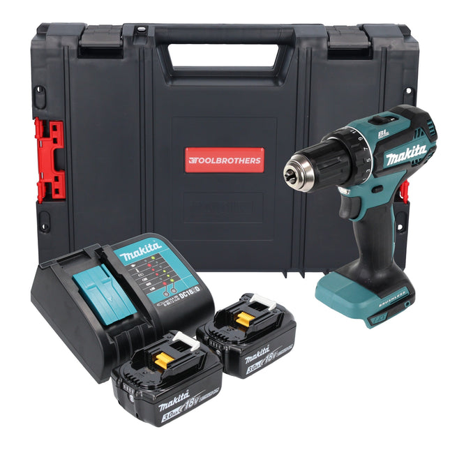 Taladro atornillador a batería Makita DDF 485 SFJ-R 18 V 50 Nm sin escobillas + 2x batería recargable 3,0 Ah + cargador + RHINO