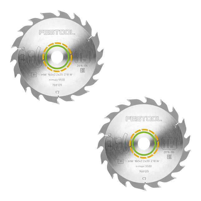 Festool HW 160x2,2x20 W18 hoja de sierra circular WOOD STANDARD 2 piezas ( 2x 768129 ) 160 x 2,2 x 20 mm 18 dientes para todos los materiales derivados de la madera, madera maciza, cartón yeso