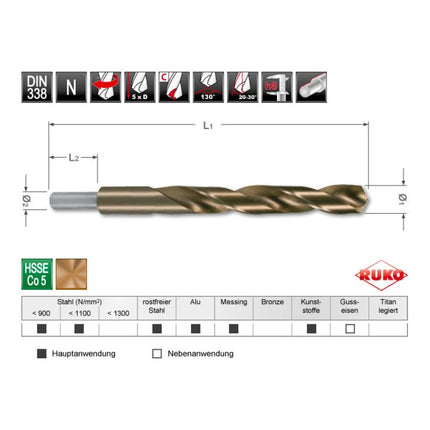 RUKO twist drill DIN 338 type N nominal Ø 12.5 mm HSS-Co5 ( 4000600098 )