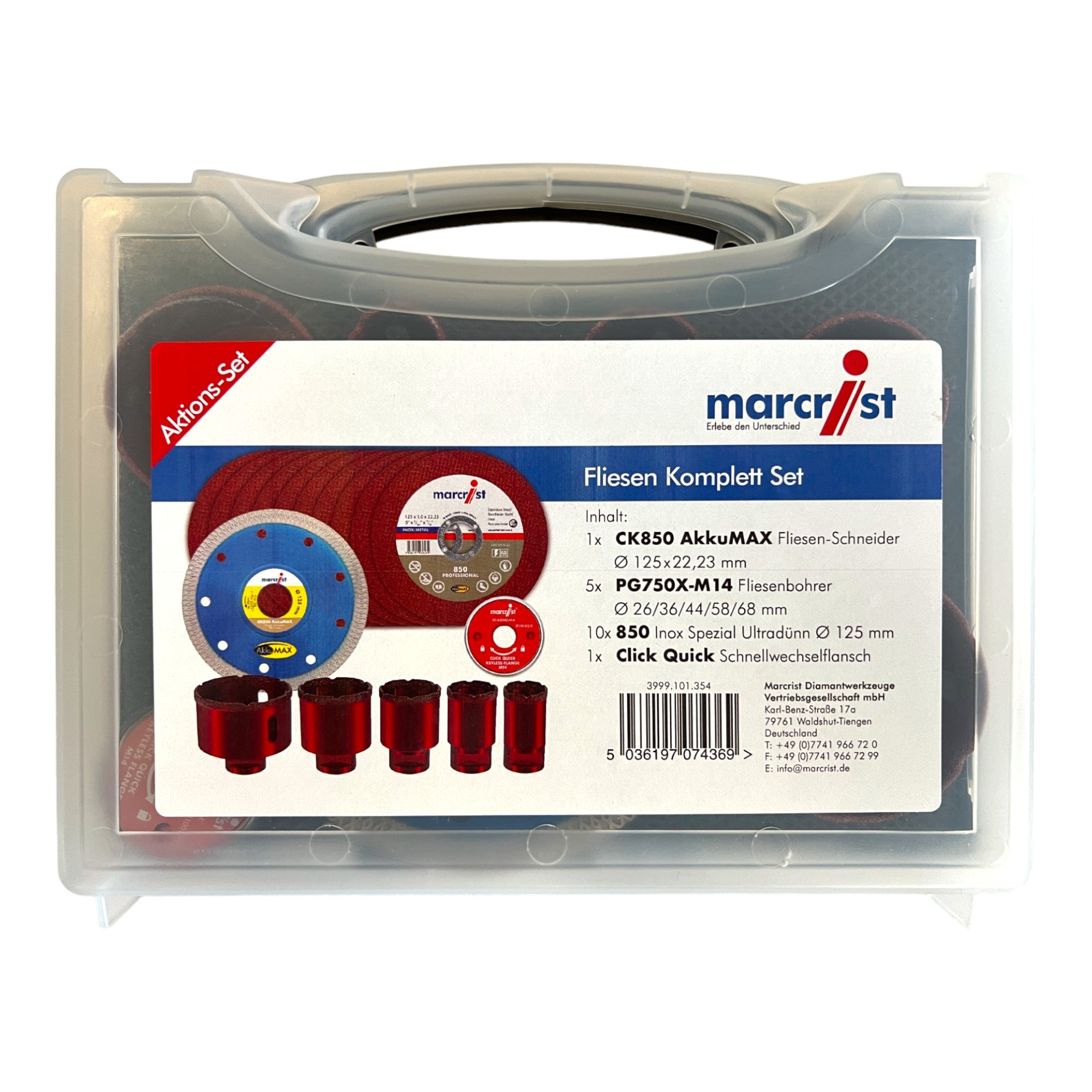Marcrist Fliesen Komplett Set 125 mm 1x Fliesenschneider 5x Fliesenbohrer 10x Inox Trennscheibe 1x Schnellwechselflansch 3999 101 354 Koffer  0 - toolbrothers