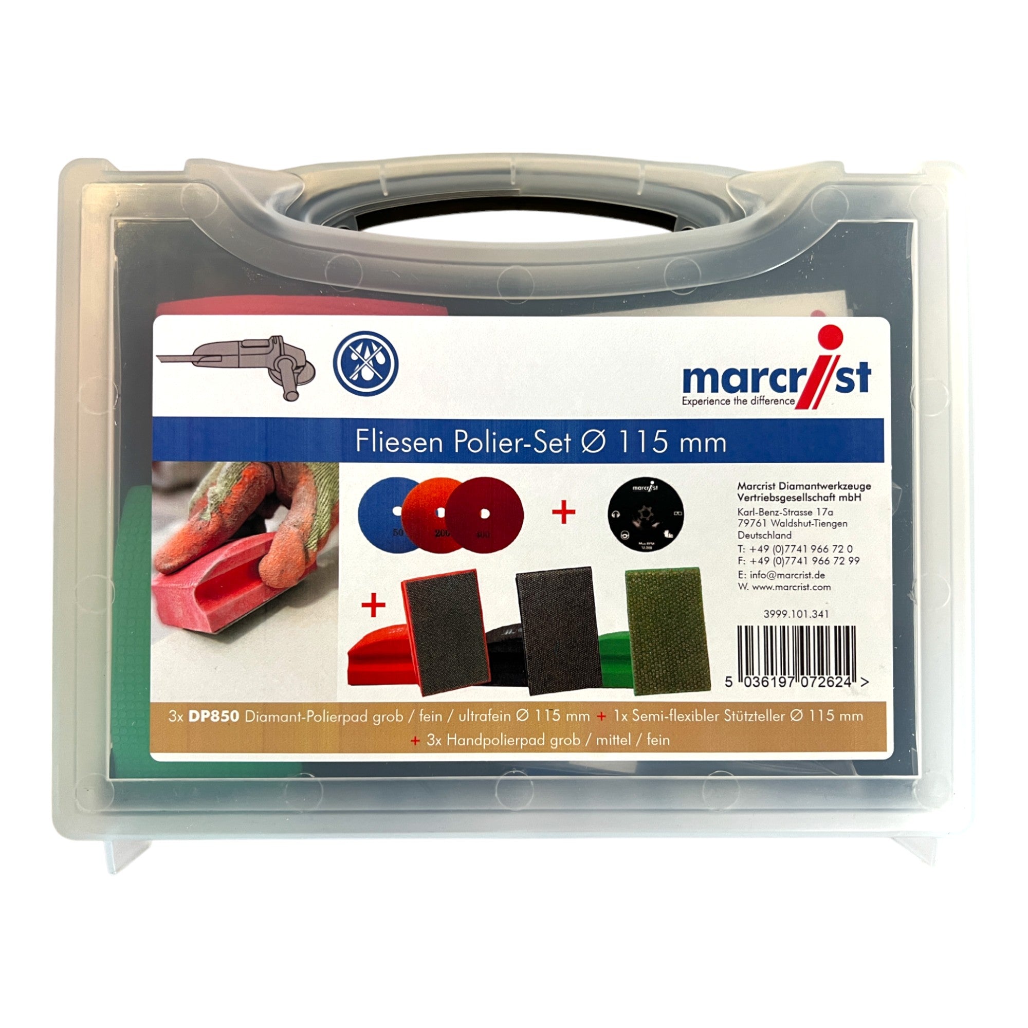 Marcrist Fliesen Polier Set 115mm 1x Klett Stuetzteller 3x Klett Diamantscheibe 3x Handpolier Pad 3999 101 341 Koffer 0 - toolbrothers