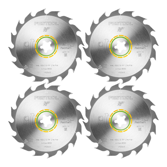 Hoja de sierra circular Festool HW 190x2,6 FF PW16 WOOD RIP CUT 4 piezas (4x 492049) 190 x 2,6 mm 16 dientes para cortes longitudinales en madera maciza siguiendo la veta