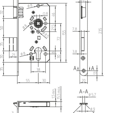 SSF Zimmertür-Einsteckschloss  PZW 20/ 55/72/8 mm DIN links ( 3000251010 )
