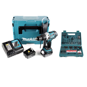 Makita DHP 458 RTJ Akku Schlagbohrschrauber 18V 91Nm im Makpac + 2x 5,0 Ah Akku + Ladegerät + Makita Bit & Bohrer-Set 100-teilig