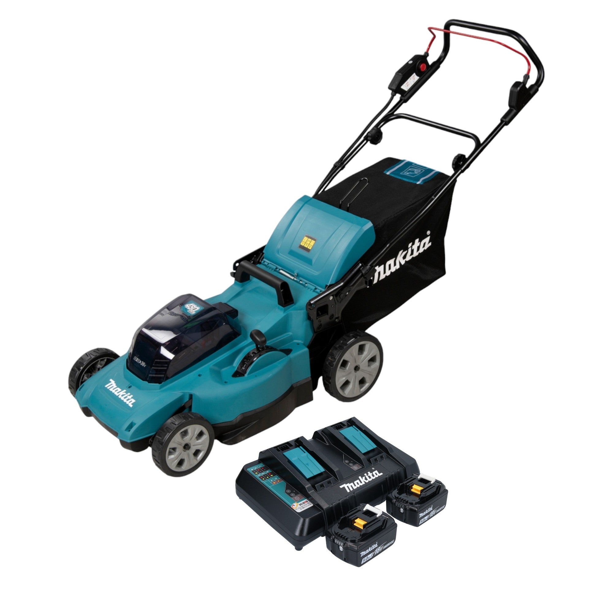 Makita DLM 480 PT2 Akku Rasenmaeher 36 V 2x 18 V 48 cm 62 l 2x Akku 5 0 Ah Ladegeraet  0 - toolbrothers