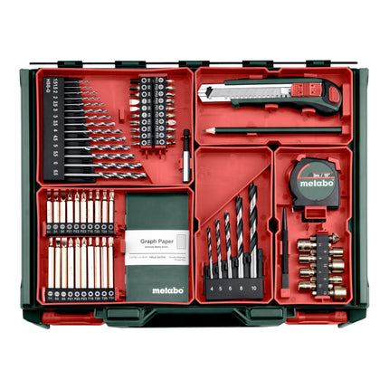 Metabo BS 18 Set taladro atornillador a batería 18 V 48 Nm ( 602207710 ) + 2x batería 2.0 Ah + cargador + 74 pzs. taller móvil + maletín
