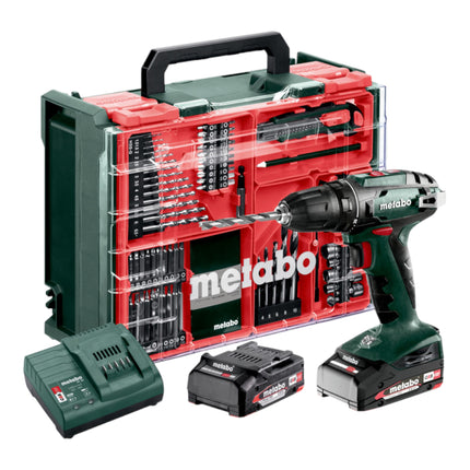 Metabo BS 18 Set taladro atornillador a batería 18 V 48 Nm ( 602207710 ) + 2x batería 2.0 Ah + cargador + 74 pzs. taller móvil + maletín