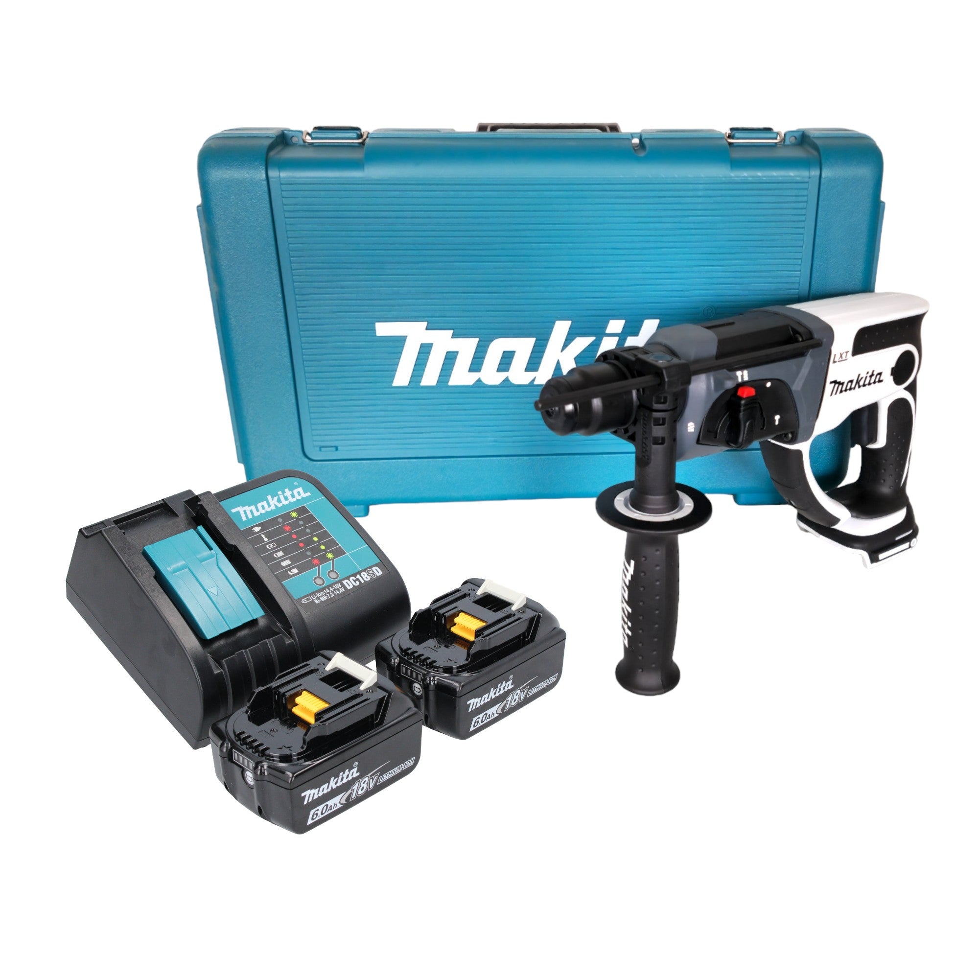 Makita DHR 202 SGW Akku Bohrhammer 18 V 20 mm 2 0 J weiss 2x Akku 6 0 Ah Ladegeraet Koffer 0 - toolbrothers