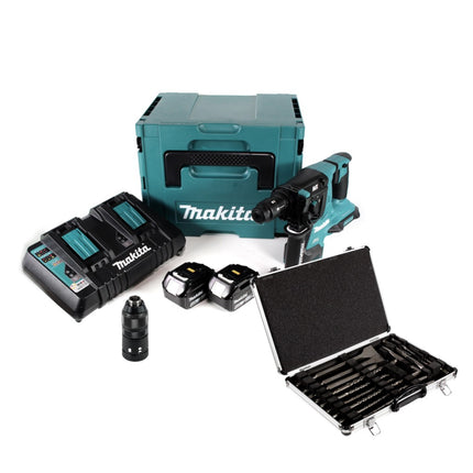 Makita DHR 281 PMJ Akku Bohrhammer 2x18V 2,8J brushless SDS plus + Schnellwechselfutter + 2x Akku 4,0 Ah + Doppelladegerät + 17tlg. Bohrer und Meißel Set + Makpac - Toolbrothers