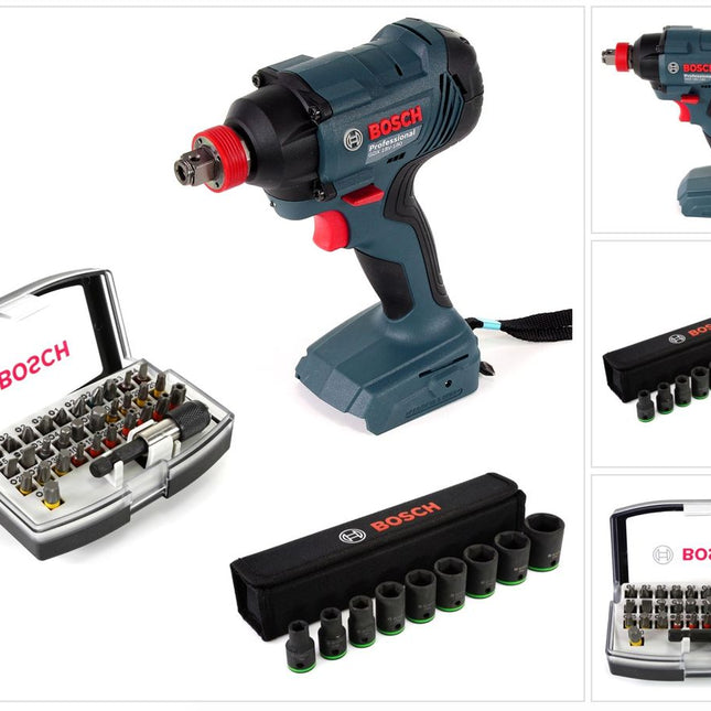 Bosch GDX 18 V-180 Li-Ion Akku Drehschlagschrauber Solo 180 Nm, 1/4" Innensechskant, 1/2" Außenvierkant + Steckschlüssel + 32 tlg. Bit-Set - ohne Akku, ohne Ladegerät - Toolbrothers