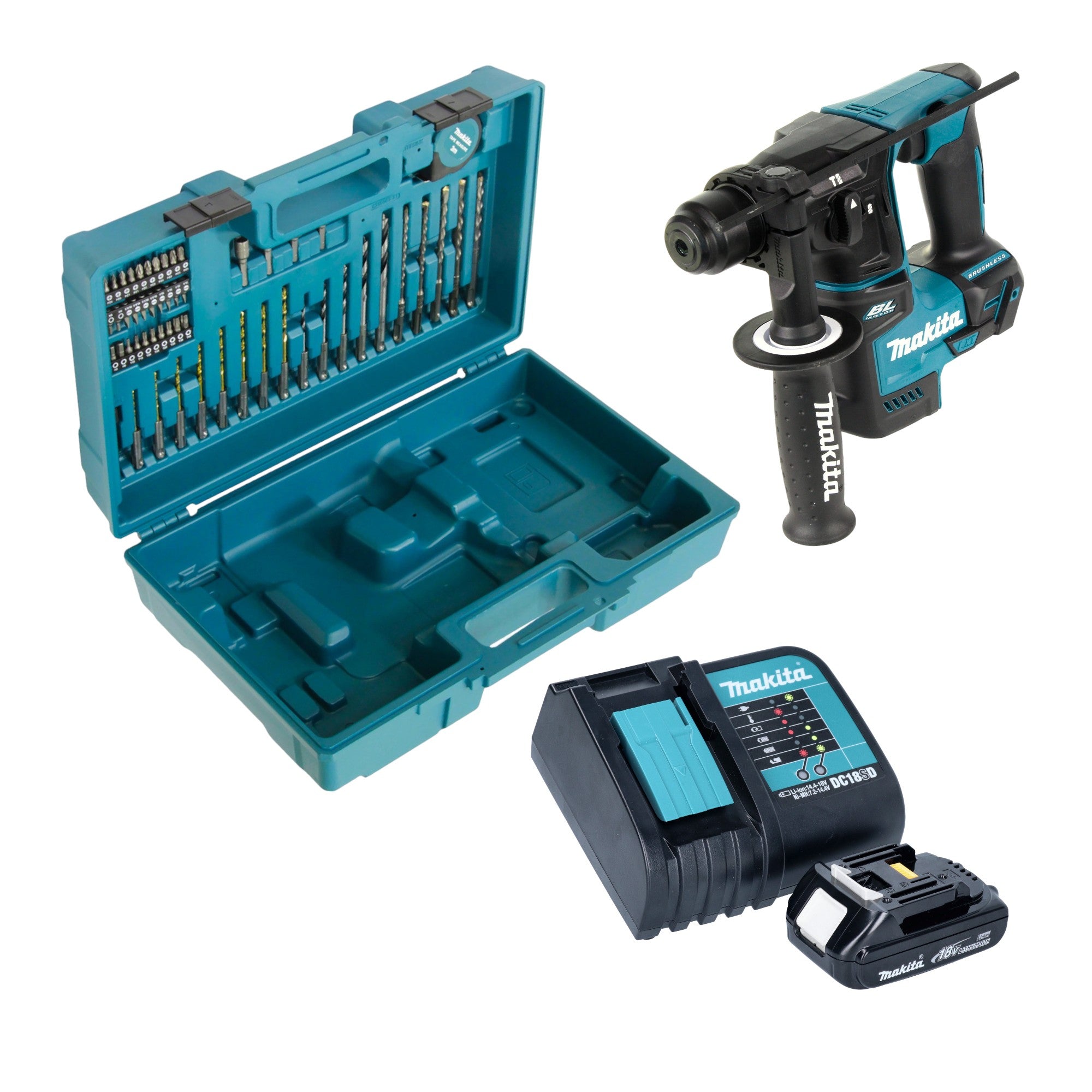 Makita DHR 171 SY1X3 Akku Bohrhammer 18 V 1 2 J SDS Plus Brushless 1x Akku 1 5 Ah Ladegeraet 65 tlg Zubehoer Set Koffer 0 - toolbrothers