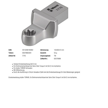 Chiave a bussola Wera 7776 ( 8000377438 ) Larghezza tra i piani TX 10 9 x 12 mm